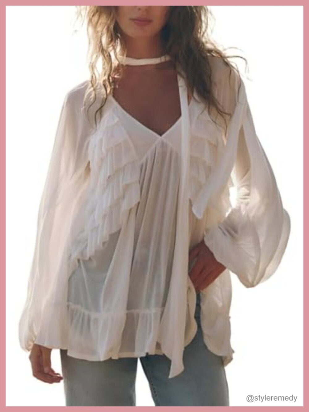 Boho Sheer Chiffon Blouse Lace Trim Ruffled Long Sleeve Front Tie Oversized